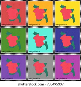 Vector illustration of a set of postage stamps with a background of nine different colors with the silhouette of Bangladesh  painted in colors of the national flag of Bangladesh with offset effect