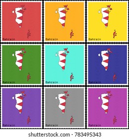 Vector illustration of a set of postage stamps with a background of nine different colors with the silhouette of Bahrain  painted in colors of the national flag of Bahrain with the effect of offset