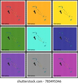 Vector illustration of a set of postage stamps with a background of nine different colors with the silhouette of Bahamas  painted in colors of the national flag of Bahamas with the effect of offset
