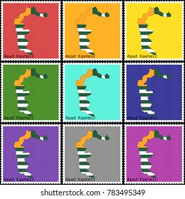 Vector illustration of a set of postage stamps with a background of nine different colors with the silhouette of Azad Kashmir  painted in colors of the national flag of Azad Kashmir 