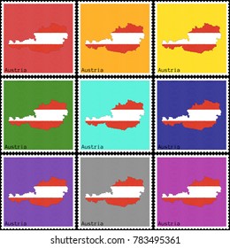 Vector illustration of a set of postage stamps with a background of nine different colors with the silhouette of Austria  painted in colors of the national flag of Austria with the effect of offset