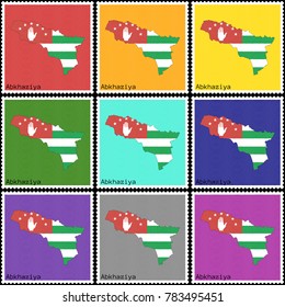 Vector illustration of a set of postage stamps with a background of nine different colors with the silhouette of Abkhaziya  painted in colors of the national flag of Abkhaziya with the offset effect