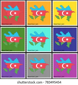 Vector illustration of a set of postage stamps with a background of nine different colors with the silhouette of Azerbaijan  painted in colors of the national flag of Azerbaijan with the offset effect