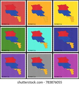 Vector illustration of a set of postage stamps with a background of nine different colors with the silhouette of Armenia  painted in colors of the national flag of Armenia