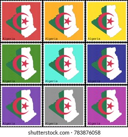 Vector illustration of a set of postage stamps with a background of nine different colors with the silhouette of Algeria  painted in colors of the national flag of Algeria