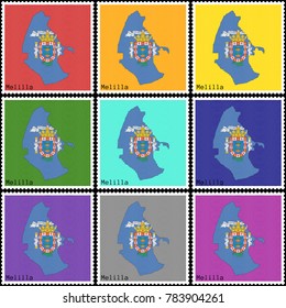Vector illustration of a set of postage stamps with a background of nine different colors with the silhouette of Melilla  painted in colors of the national flag of Melilla with the effect of offset