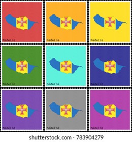 Vector illustration of a set of postage stamps with a background of nine different colors with the silhouette of Madeira  painted in colors of the national flag of Madeira with the effect of offset