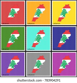 Vector illustration of a set of postage stamps with a background of nine different colors with the silhouette of Lebanon  painted in colors of the national flag of Lebanon with the effect of offset