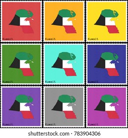 Vector illustration of a set of postage stamps with a background of nine different colors with the silhouette of Kuwait  painted in colors of the national flag of Kuwait with the effect of offset