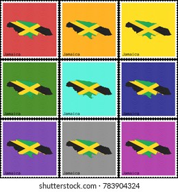 Vector illustration of a set of postage stamps with a background of nine different colors with the silhouette of Jamaica  painted in colors of the national flag of Jamaica with the effect of offset