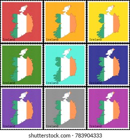 Vector illustration of a set of postage stamps with a background of nine different colors with the silhouette of Ireland  painted in colors of the national flag of Ireland with the effect of offset