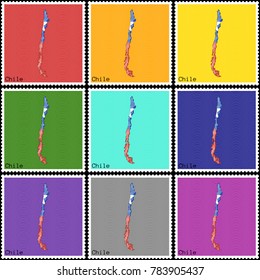 Vector illustration of a set of postage stamps with a background of nine different colors with the silhouette of Chile  painted in colors of the national flag of Chile with the effect of offset