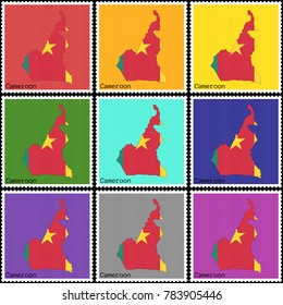 Vector illustration of a set of postage stamps with a background of nine different colors with the silhouette of Cameroon  painted in colors of the national flag of Cameroon with the effect of offset