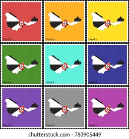 Vector illustration of a set of postage stamps with a background of nine different colors with the silhouette of Ceuta  painted in colors of the national flag of Ceuta with the effect of offset