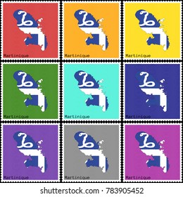 Vector illustration of a set of postage stamps with a background of nine different colors with the silhouette of Martinique  painted in colors of the national flag of Martinique with  effect  offset