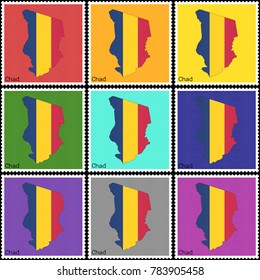 Vector illustration of a set of postage stamps with a background of nine different colors with the silhouette of Chad  painted in colors of the national flag of Chad with the effect of offset
