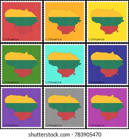 Vector illustration of a set of postage stamps with a background of nine different colors with the silhouette of Lithuania  painted in colors of the national flag of Lithuania with the offset effect
