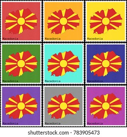 Vector illustration of a set of postage stamps with a background of nine different colors with the silhouette of Macedonia  painted in colors of the national flag of Macedonia with the effect  offset