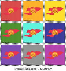 Vector illustration of a set of postage stamps with a background of nine different colors with the silhouette of Kyrgyzstan  painted in colors of the national flag of Kyrgyzstan with the offset effect