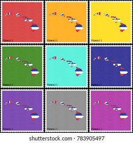 Vector illustration of a set of postage stamps with a background of nine different colors with the silhouette of Hawaii  painted in colors of the national flag of Hawaii with the effect of offset