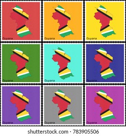 Vector illustration of a set of postage stamps with a background of nine different colors with the silhouette of Guyana  painted in colors of the national flag of Guyana with the effect of offset
