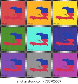 Vector illustration of a set of postage stamps with a background of nine different colors with the silhouette of Haiti  painted in colors of the national flag of Haiti with the effect of offset