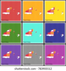 Vector illustration of a set of postage stamps with a background of nine different colors with the silhouette of Guernsey  painted in colors of the national flag of Guernsey with the effect of offset