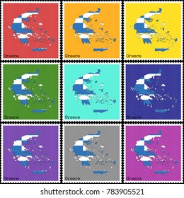 Vector illustration of a set of postage stamps with a background of nine different colors with the silhouette of Greece  painted in colors of the national flag of Greece with the effect of offset