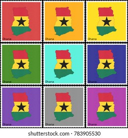 Vector illustration of a set of postage stamps with a background of nine different colors with the silhouette of Ghana  painted in colors of the national flag of Ghana with the effect of offset