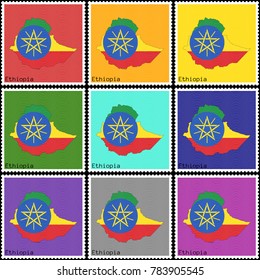 Vector illustration of a set of postage stamps with a background of nine different colors with the silhouette of Ethiopia  painted in colors of the national flag of Ethiopia with the effect of offset