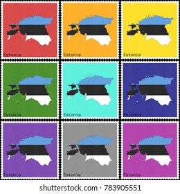 Vector illustration of a set of postage stamps with a background of nine different colors with the silhouette of Estonia  painted in colors of the national flag of Estonia with the effect of offset
