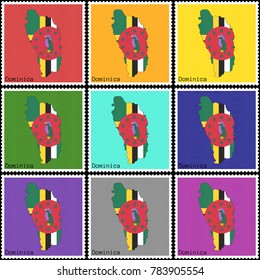 Vector illustration of a set of postage stamps with a background of nine different colors with the silhouette of Dominica  painted in colors of the national flag of Dominica with the effect of offset