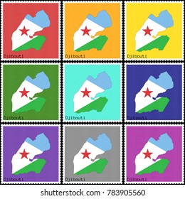 Vector illustration of a set of postage stamps with a background of nine different colors with the silhouette of Djibouti  painted in colors of the national flag of Djibouti with the effect of offset