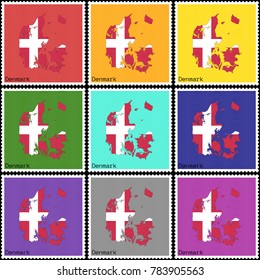 Vector illustration of a set of postage stamps with a background of nine different colors with the silhouette of Denmark  painted in colors of the national flag of Denmark with the effect of offset