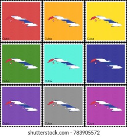 Vector illustration of a set of postage stamps with a background of nine different colors with the silhouette of Cuba  painted in colors of the national flag of Cuba with the effect of offset