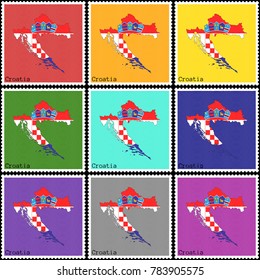 Vector illustration of a set of postage stamps with a background of nine different colors with the silhouette of Croatia  painted in colors of the national flag of Croatia with the effect of offset