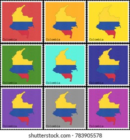 Vector illustration of a set of postage stamps with a background of nine different colors with the silhouette of Colombia  painted in colors of the national flag of Colombia with the effect of offset