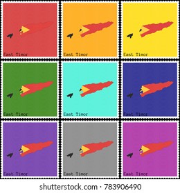 Vector illustration of a set of postage stamps with a background of nine different colors with the silhouette of East Timor  painted in colors of the national flag of East Timor with the offset effect
