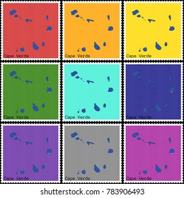 Vector illustration of a set of postage stamps with a background of nine different colors with the silhouette of Cape Verde  painted in colors of the national flag of Cape Verde with the offset effect