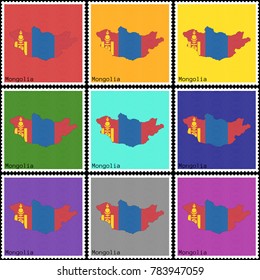 Vector illustration of a set of postage stamps with a background of nine different colors with the silhouette of Mongolia  painted in colors of the national flag of Mongolia with the effect of offset