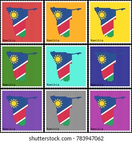 Vector illustration of a set of postage stamps with a background of nine different colors with the silhouette of Namibia  painted in colors of the national flag of Namibia with the effect of offset