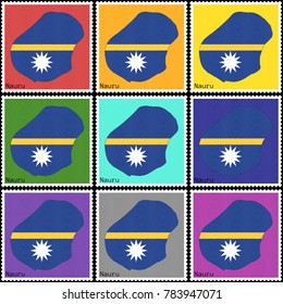 Vector illustration of a set of postage stamps with a background of nine different colors with the silhouette of Nauru  painted in colors of the national flag of Nauru with the effect of offset