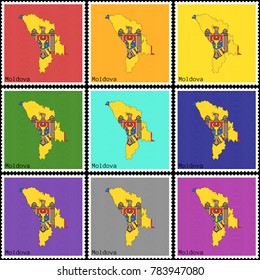 Vector illustration of a set of postage stamps with a background of nine different colors with the silhouette of Moldova  painted in colors of the national flag of Moldova with the effect of offset