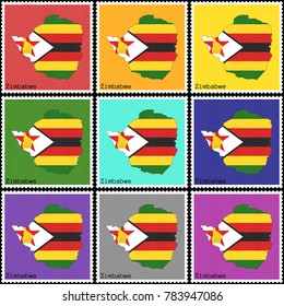 Vector illustration of a set of postage stamps with a background of nine different colors with the silhouette of Zimbabwe  painted in colors of the national flag of Zimbabwe with the effect of offset