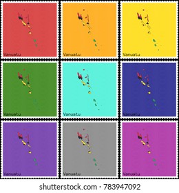 Vector illustration of a set of postage stamps with a background of nine different colors with the silhouette of Vanuatu  painted in colors of the national flag of Vanuatu with the effect of offset