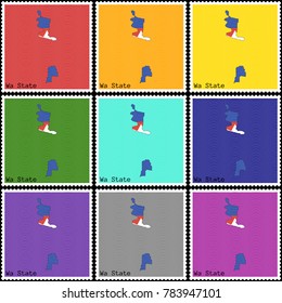 Vector illustration of a set of postage stamps with a background of nine different colors with the silhouette of Wa State  painted in colors of the national flag of Wa State with the effect of offset