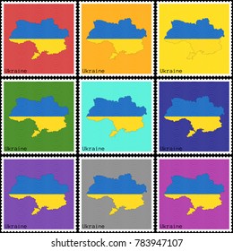 Vector illustration of a set of postage stamps with a background of nine different colors with the silhouette of Ukraine  painted in colors of the national flag of Ukraine with the effect of offset