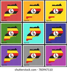 Vector illustration of a set of postage stamps with a background of nine different colors with the silhouette of Uganda  painted in colors of the national flag of Uganda with the effect of offset
