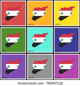 Vector illustration of a set of postage stamps with a background of nine different colors with the silhouette of Syria  painted in colors of the national flag of Syria with the effect of offset