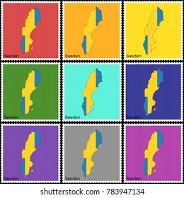 Vector illustration of a set of postage stamps with a background of nine different colors with the silhouette of Sweden  painted in colors of the national flag of Sweden with the effect of offset
